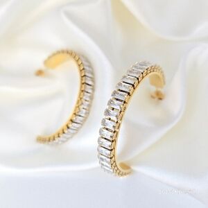 NEW Gold Tone Emerald Cut CZ Diamond Hoop Earrings
